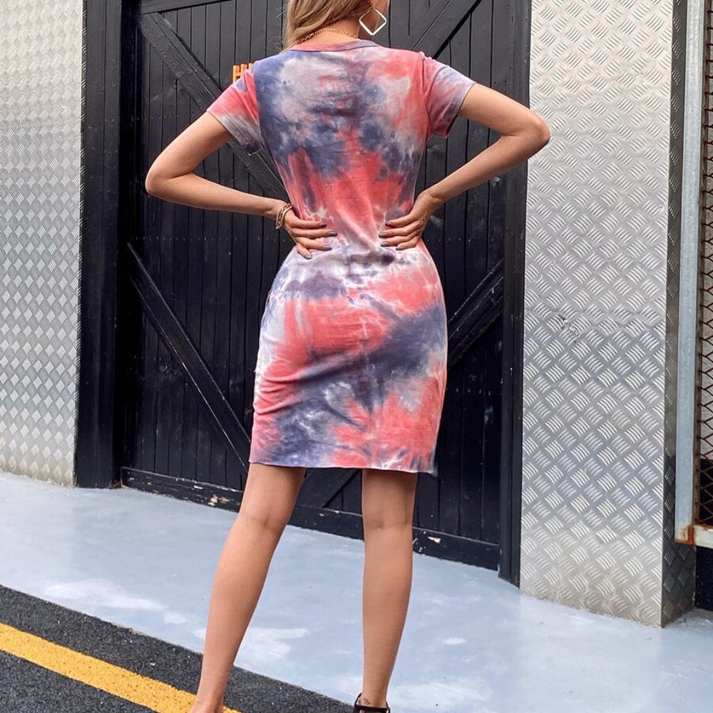 Boho Tie Dye Tulip Hem Short Sleeve Dress Purple - Picture 6 of 12